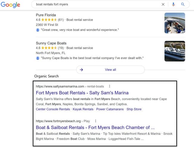 Google search results page. A box highlighting the organic search results.